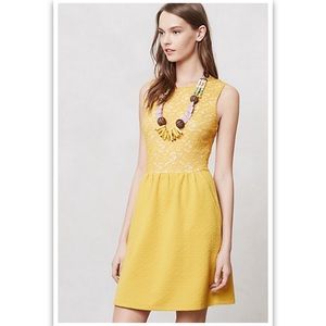 Anthropologie Maeve Vera Lace A-Line Dress in Mustard Yellow S Great Condition